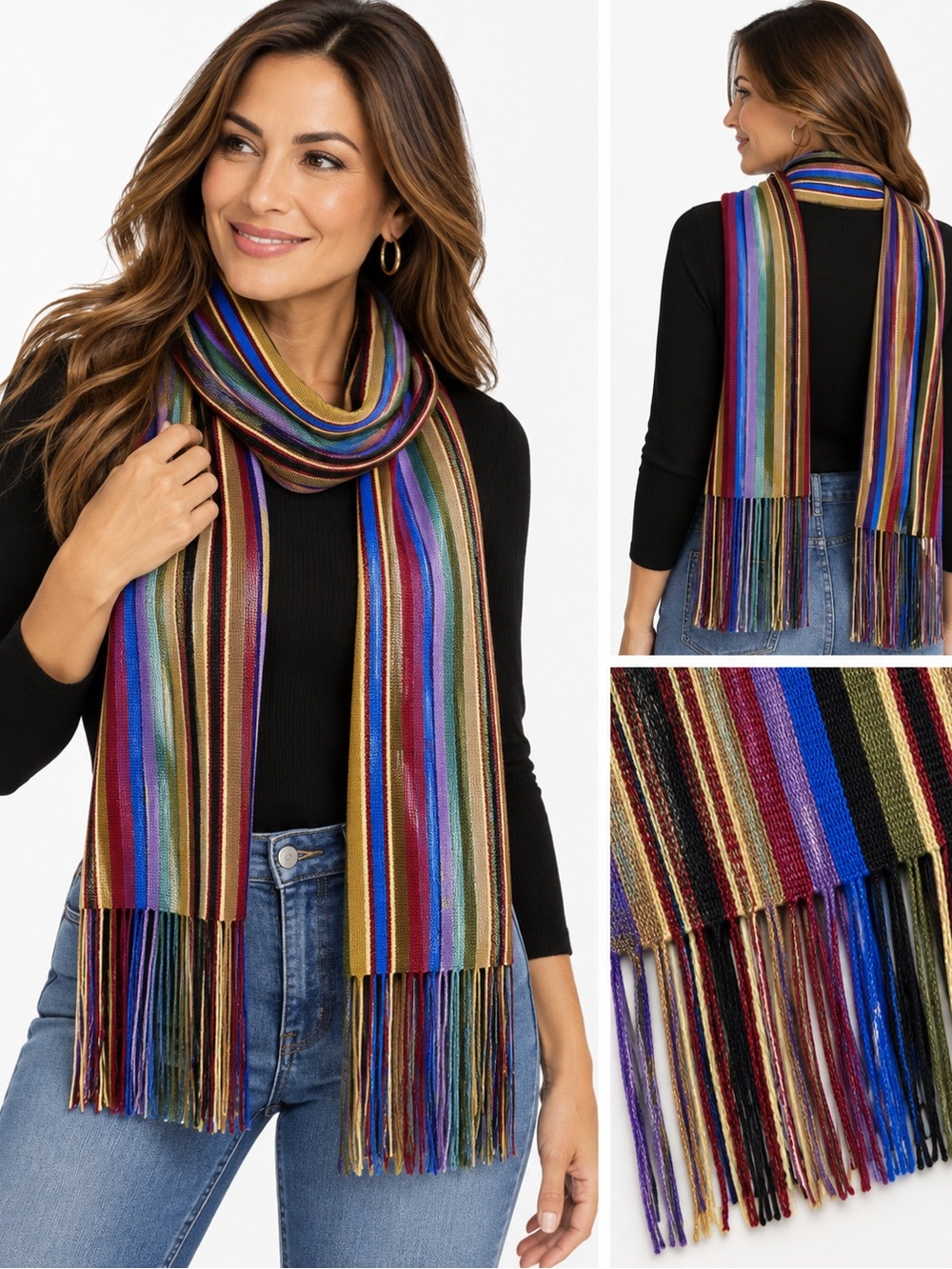 Chico’s Multicolor Striped Long Scarf 66” Fringe Boho Artsy Knit